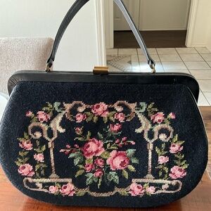 Vintage Floral Needlepoint Black Handbag